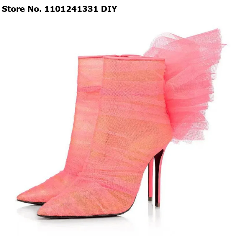 Pink Black Mesh Flower Decor Thin High Heeled Boots Women Pointed Toe Pants Style Short Boots Slip On Party Shoes
Pink Black Mesh Flower Decor Thin High Heeled Boots Women Pointed Toe Pants Style Short Boots Slip On Party Shoes