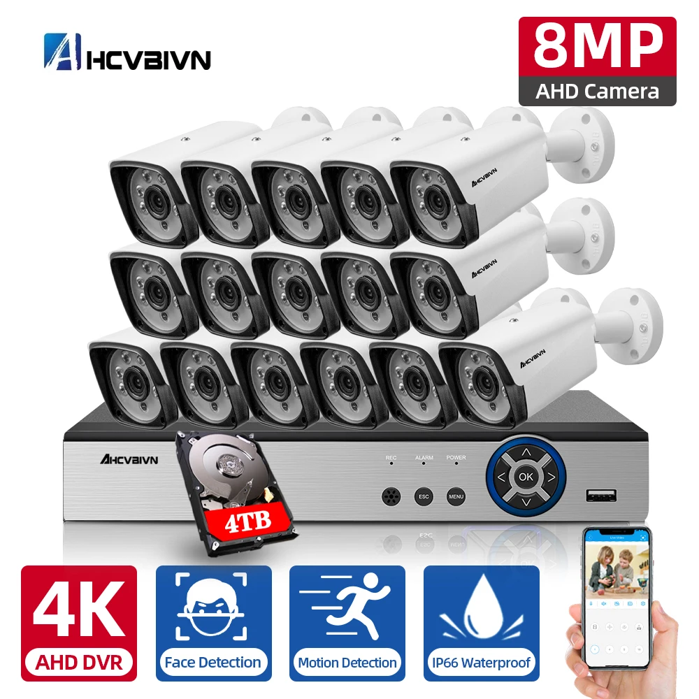 

Система видеонаблюдения H.265 CCTV AHD DVR, 8 Мп, 4K, 16 каналов, наружная водонепроницаемая система ночного видения, комплект видеонаблюдения P2P
