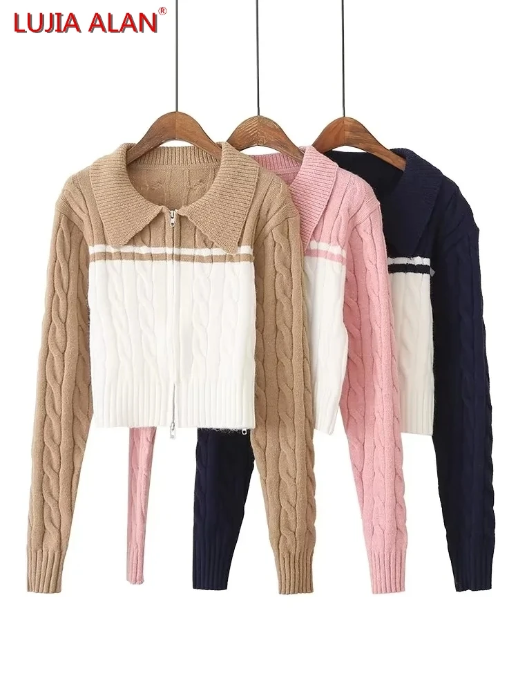 3 Colors New Women's Patchwork Knitting Lapel Zip Placket Casual Long Sleeve Slim Fit Short Sweater LUJIA ALAN SW1858
3 Colors New Women's Patchwork Knitting Lapel Zip Placket Casual Long Sleeve Slim Fit Short Sweater LUJIA ALAN SW1858