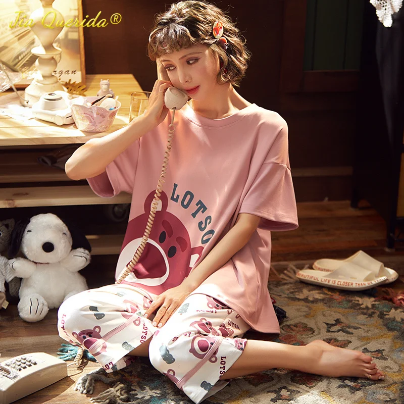 New Summer Short Sleeve Calf-Length Pants Homeclothes for Young Girls Soft Cotton Bubble Bear Printing Pajama Women's Loungewear
New Summer Short Sleeve Calf-Length Pants Homeclothes for Young Girls Soft Cotton Bubble Bear Printing Pajama Women's Loungewear