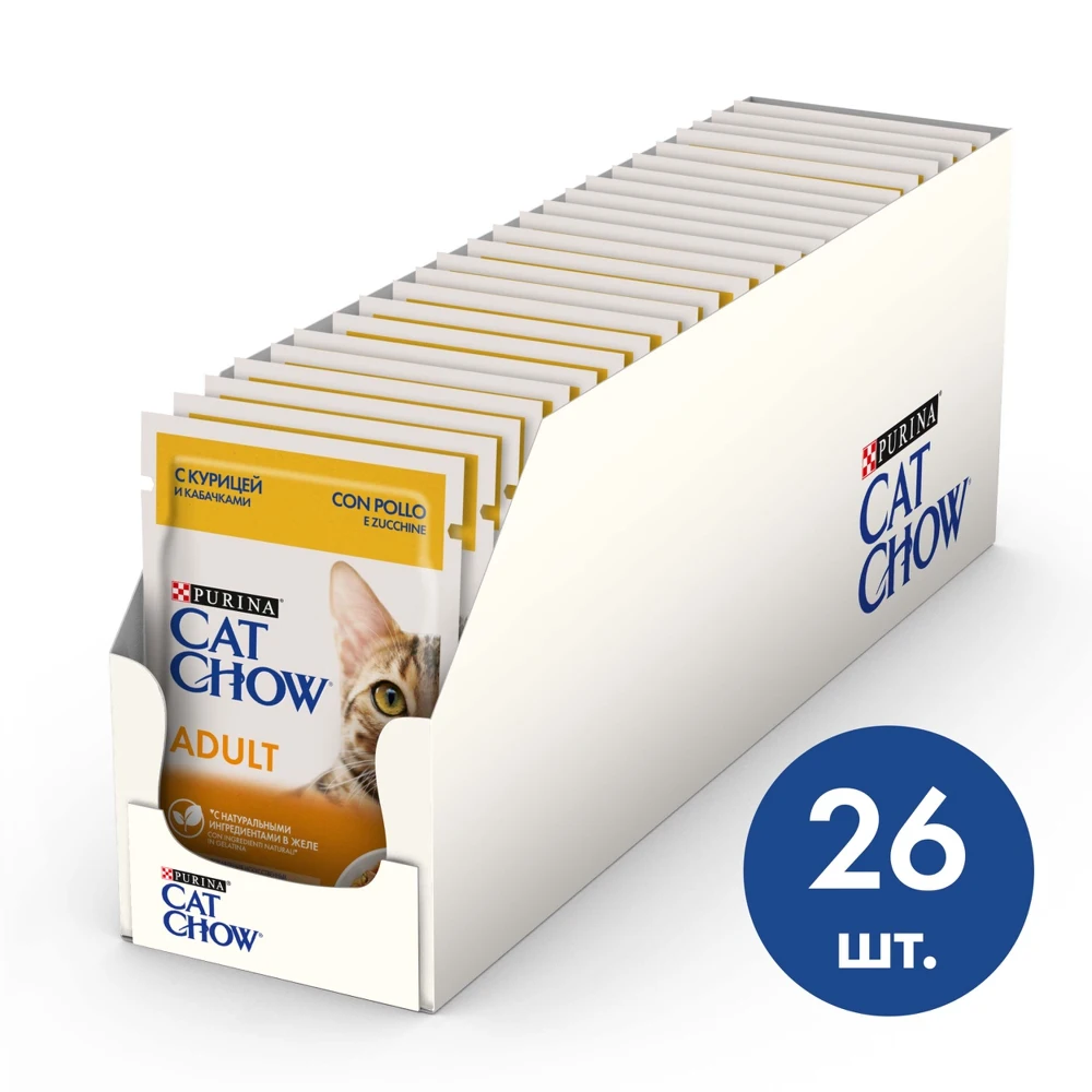 CAT CHOW ADULT влажный корм для взрослых кошек Курица Кабачок пауч желе 85г х26 шт | Дом и