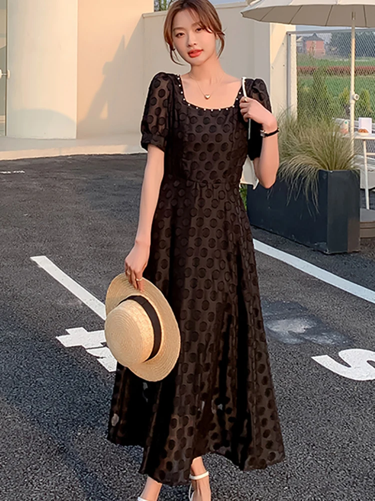 

Summer Polka Dot Diamonds Square Collar Sexy Midi Dress 2023 Women Korean Vintage Black Hepburn Elegant Bodycon Party Maxi Dress