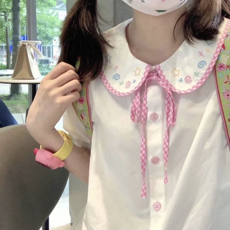 

Женская рубашка с круглым воротником Y2k, милые белые летние рубашки в стиле преппи с коротким рукавом, женские топы с вышивкой, кавайные японские рубашки