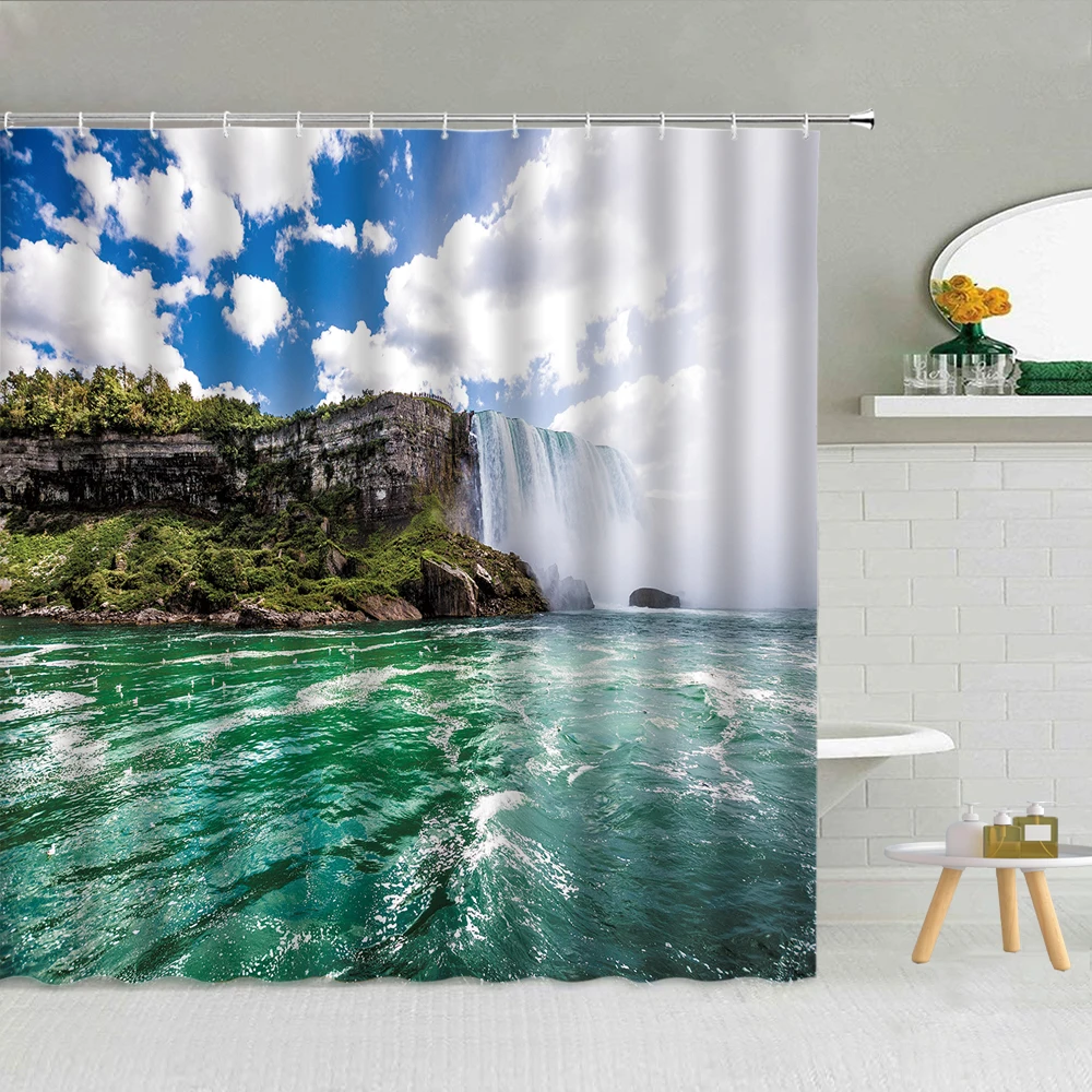 

Waterfall Natural Scenery Shower Curtain Blue Lake Green Plants Bird Spring Landscape Bathroom Decor Backdrop Curtains