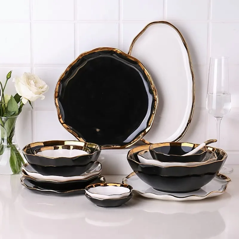 

Ceramic White/Black Tableware Set Plates and Bowls Set Dinner Plate Dessert Dishes with Gold Wave Rim Dinnerware Set for Home