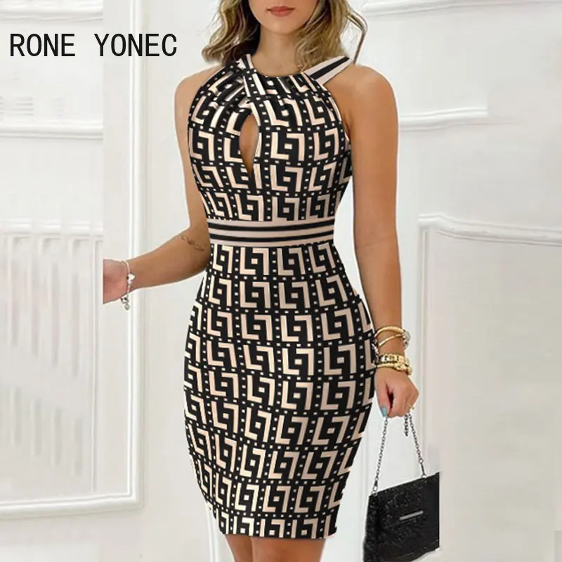 

Women Chic Elegant Sleeveless Halter Criss Cross Geo Print Sexy Hollow Out Silt Bodycon Mini Dresses