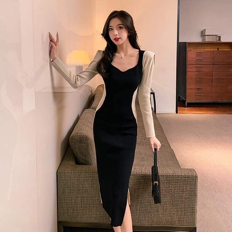 Spice Girl Slim Split Knitted Color Contrast Dress Women's Early Autumn French Temperament Medium Long Square Neck Small Black
Spice Girl Slim Split Knitted Color Contrast Dress Women's Early Autumn French Temperament Medium Long Square Neck Small Black