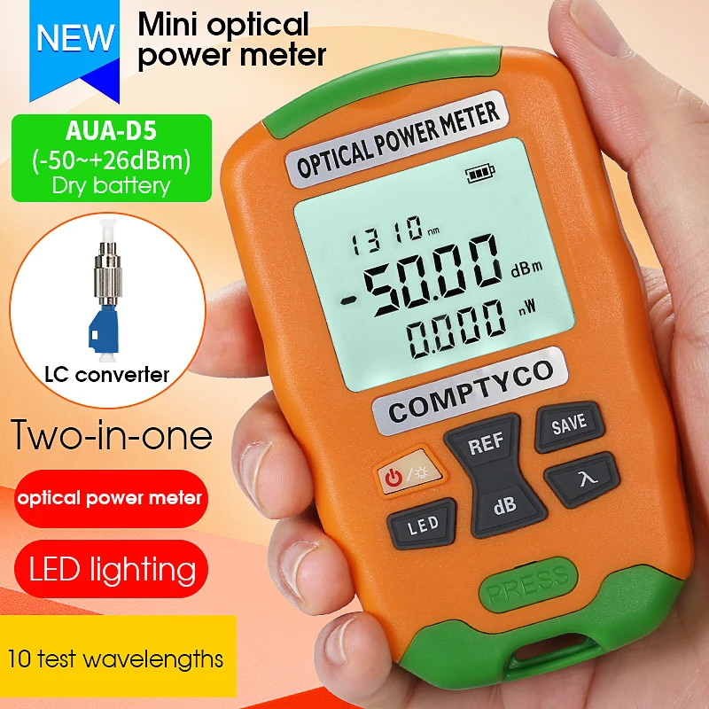 

AUA-D5/D7 Mini Handheld 2 in 1 Optical Power Meter OPM Optical Fiber Tester with LED Lighting -50+26dBm/-70+10dBm