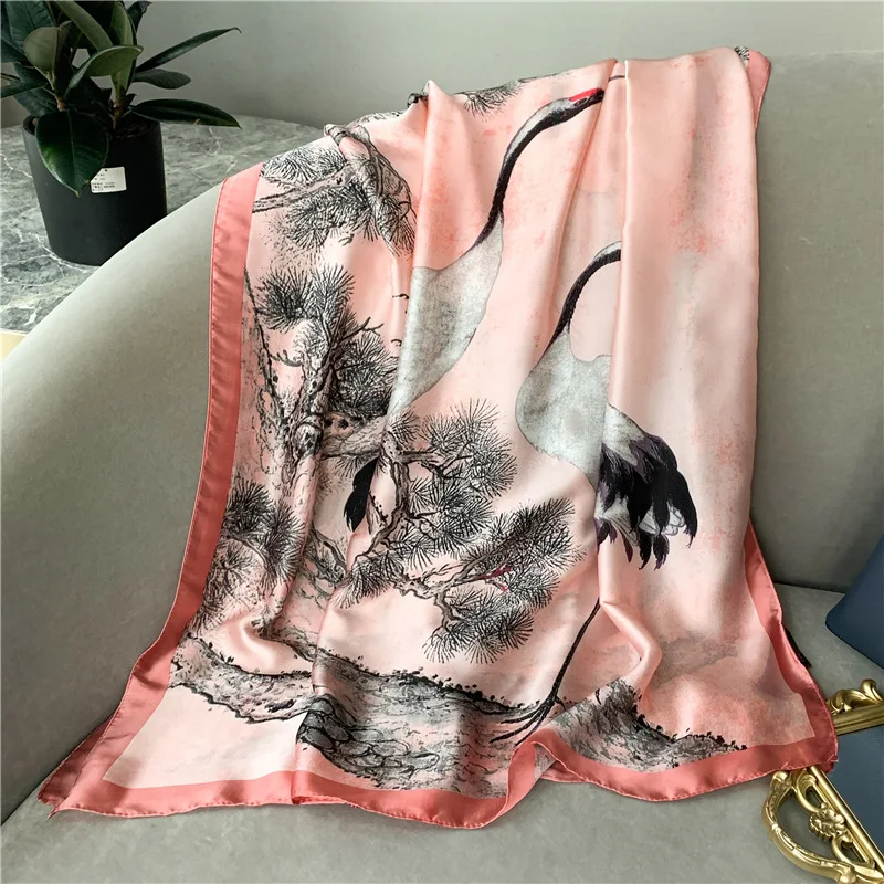 

BYSIFA| Pink Grey Silk Scarf Shawl Spring Fall Crane Design Winter Brand Long Scarves Wraps Summer Beach Shawl Scarf Foulard