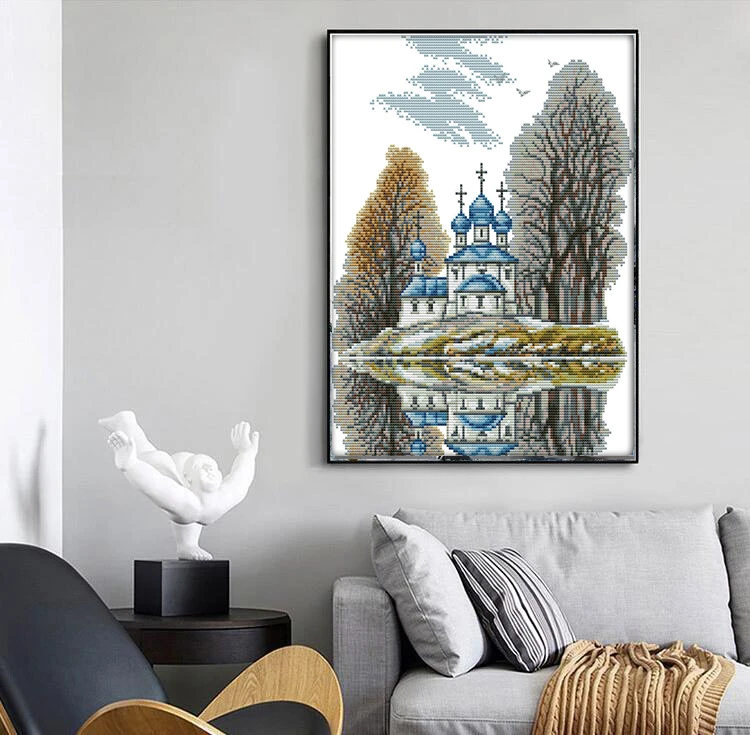 Blue Castle landscape cross-stitch living room bedroom hanging painting, 11CT/14CT hand-embroidered 
Blue Castle landscape cross-stitch living room bedroom hanging painting, 11CT/14CT hand-embroidered