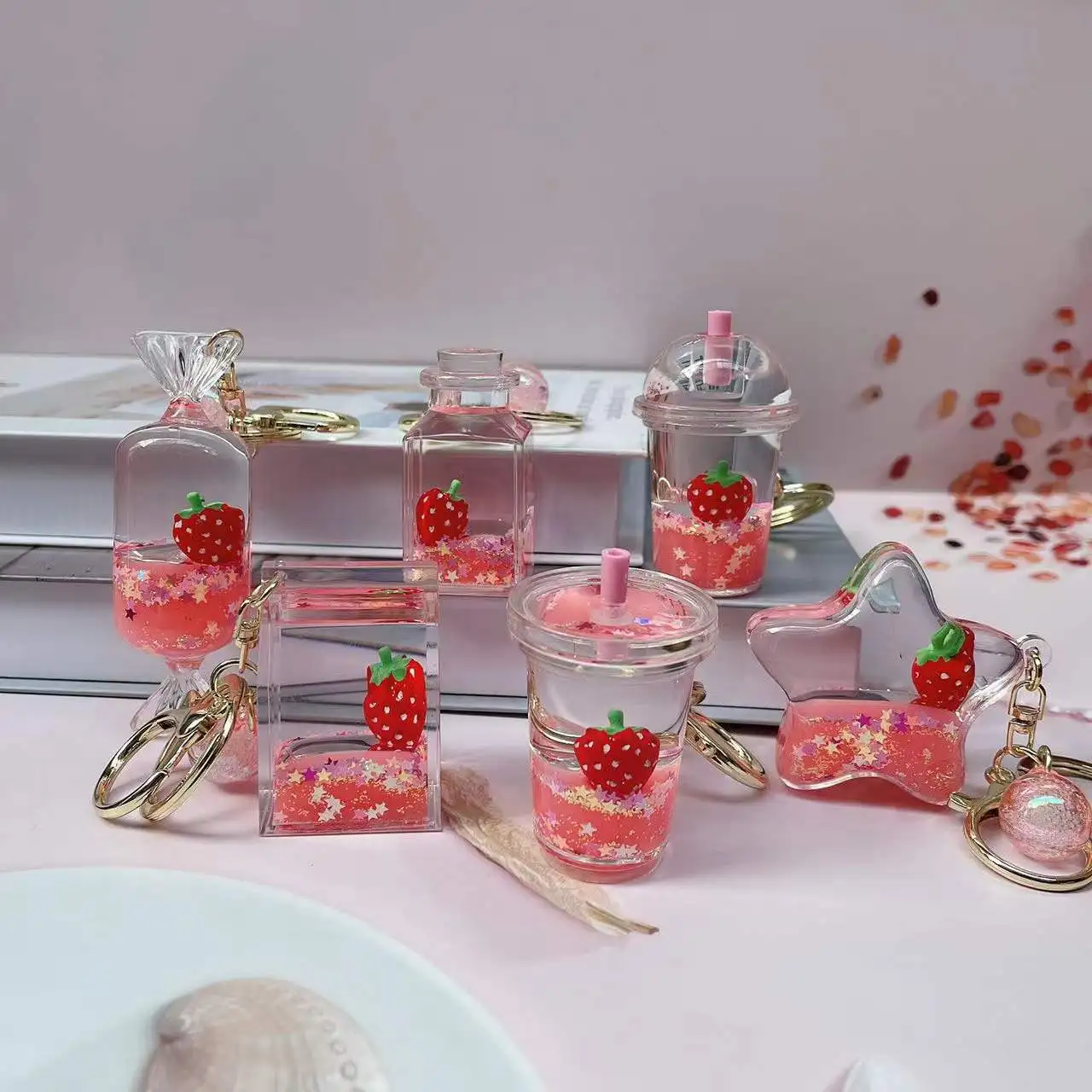 

New Strawberry Quicksand Liquid Keychain Keyring Cute Fruit Oil Floating Wishing Bottle Pendant