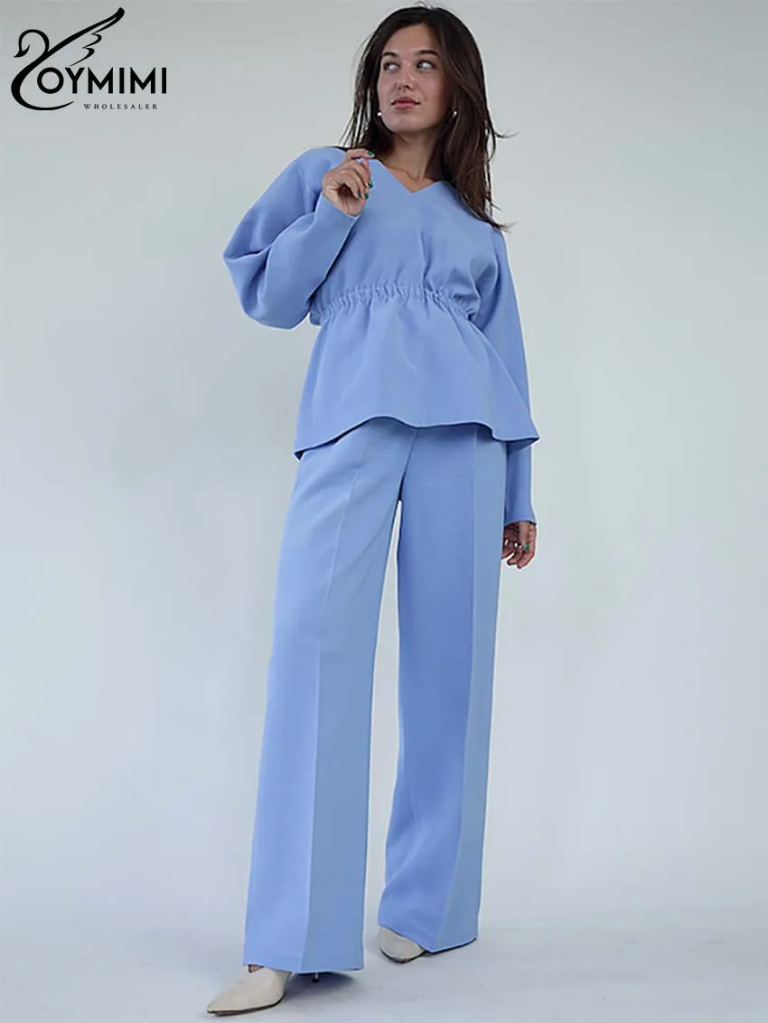 Oymimi Casual Blue Two Piece Set For Women Elegant V-Neck Long Sleeve Blouses And Simple Straight Trousers Female Sets Homewear
Oymimi Casual Blue Two Piece Set For Women Elegant V-Neck Long Sleeve Blouses And Simple Straight Trousers Female Sets Homewear