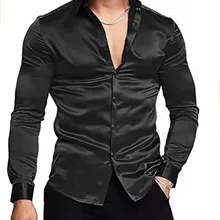 Mens luxurious shiny silk satin dress shirt Long sleeved casual slim muscle button-down shirt Plus size S-3XL