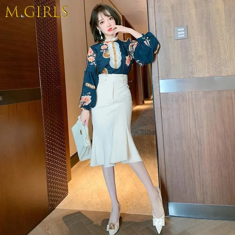 M GIRLS Awarose Lantern Long Sleeve Floral Top + Solid Color Fishtail Skirt Women Clothing Set Elegant 2 Two Piece Suit
M GIRLS Awarose Lantern Long Sleeve Floral Top + Solid Color Fishtail Skirt Women Clothing Set Elegant 2 Two Piece Suit