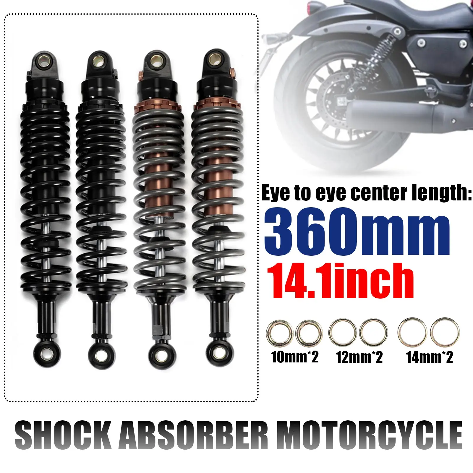 360mm 14.1inch Moto Bike Motors Scooter Shock Absorber Motorcycle Rear Suspension Bumper Damping Lowering Kits Spring 8mm 2 pcs
360mm 14.1inch Moto Bike Motors Scooter Shock Absorber Motorcycle Rear Suspension Bumper Damping Lowering Kits Spring 8mm 2 pcs