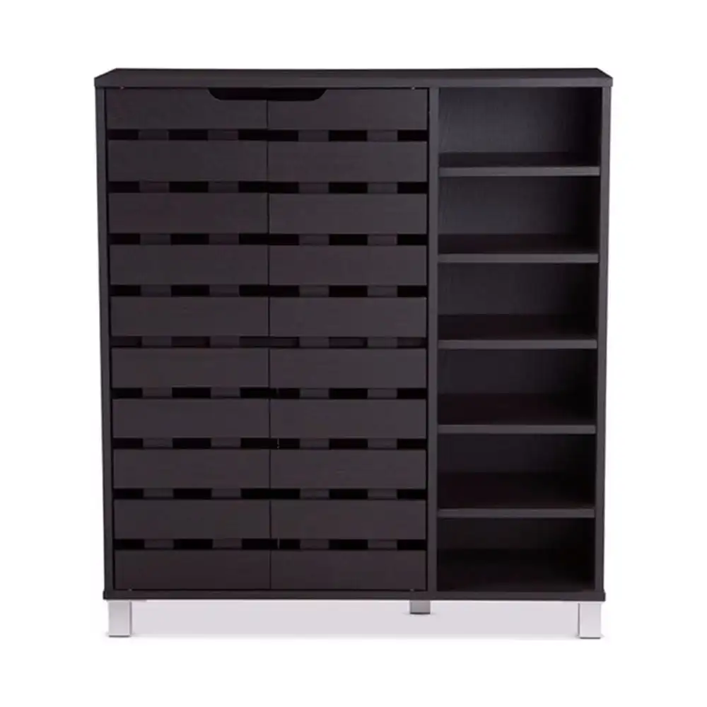 Modern and Dark Brown Wood 2-Door Shoe Cabinet with Open Shelves 
Modern and Dark Brown Wood 2-Door Shoe Cabinet with Open Shelves