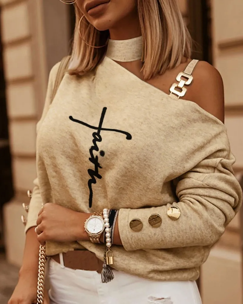 Women's Top, Pullover, T-shirt, Sexy Off Shoulder Letter Printed Cold Shoulder Chain Top, New 2022
Women's Top, Pullover, T-shirt, Sexy Off Shoulder Letter Printed Cold Shoulder Chain Top, New 2022
