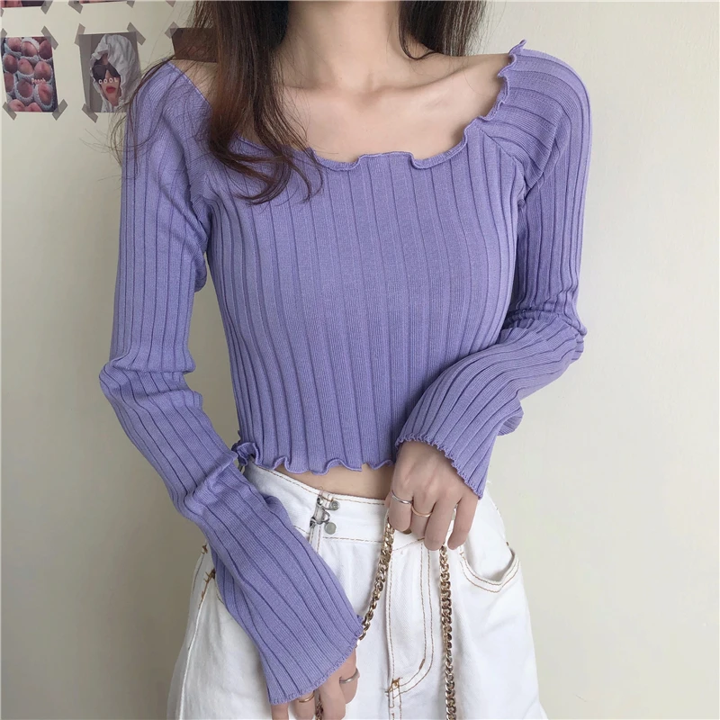 

Spring Autumn Women's Tops Korean Style Solid Color Square Neck Long-sleeved Sweater New Slimming Short Knitted Shirt