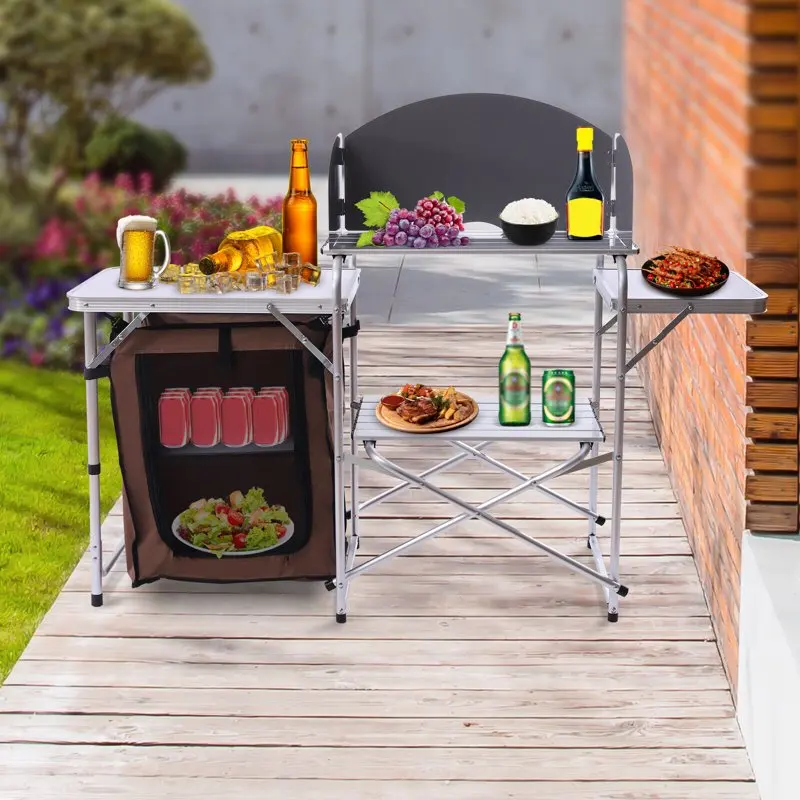 Folding Camping Station Portable Barbecue Table Rack+Brown Fabric Cover 
Folding Camping Station Portable Barbecue Table Rack+Brown Fabric Cover