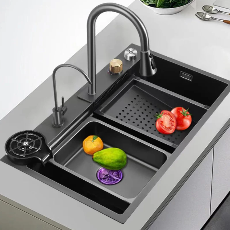 

Black Grey Nano Kitchen Sink Large Multiple Size Wash Basin Waterfall Single Bowl Topmount Undermount Kitchen Sink Faucet Drain