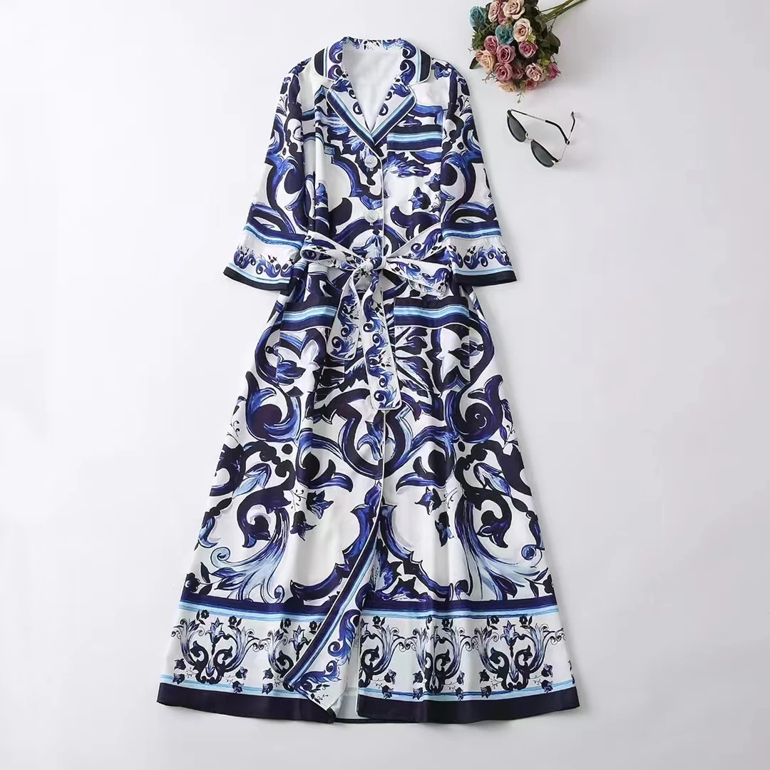 Новинка Женская одежда в европейском и американском стиле на зиму 2022 платье с воротником-костюмом и рукавом три четверти с ярко-синим принтом