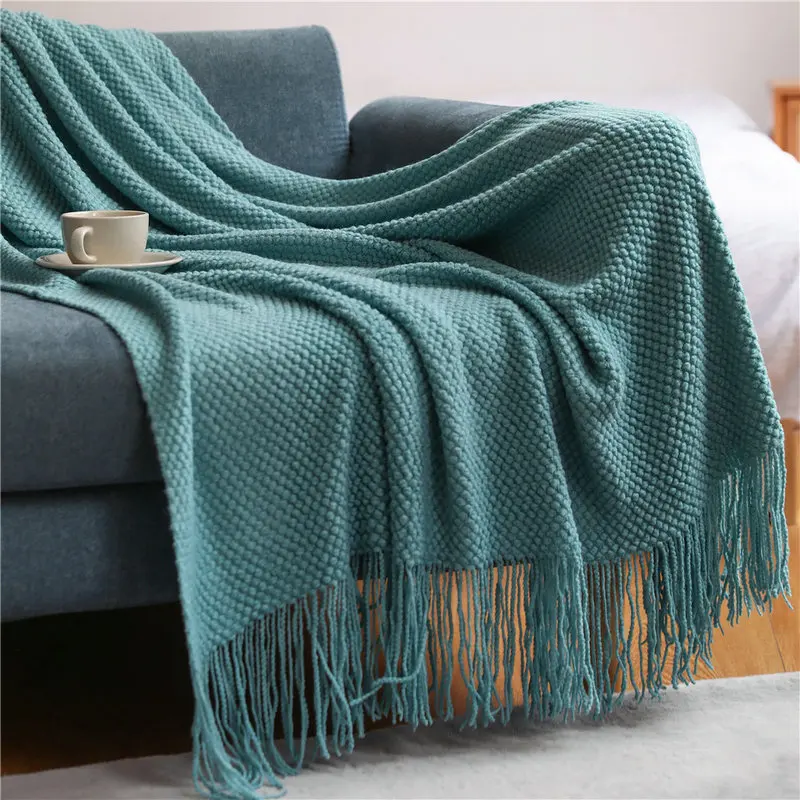 

Nordic Knitted Tassels Blanket Soild Color Corn Grain Waffle Fleece Throw Blanket Sofa Scarf Bedspread Home Decor Textile