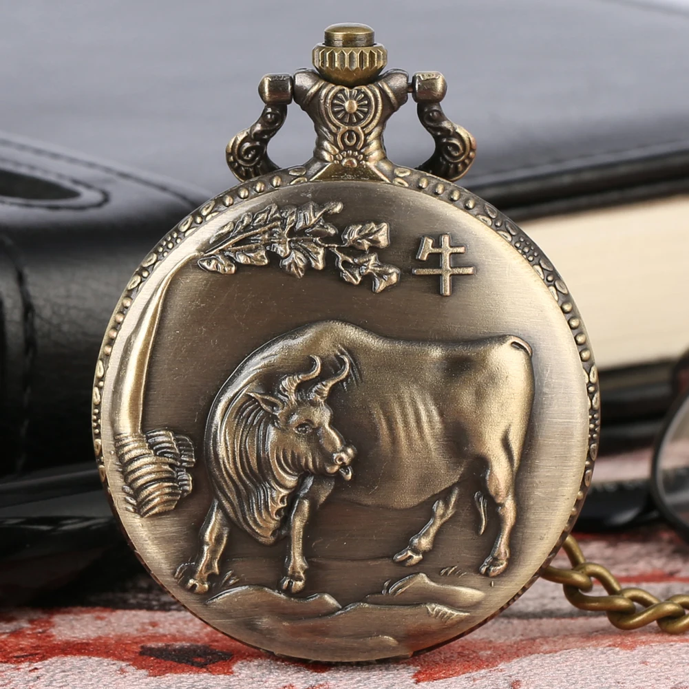

Bronze Chinese Zodiac of Ox Quartz Analog Pocket Watch Gifts Men Women Vintage Stylish Necklace Pendant Antique Pocket Clock