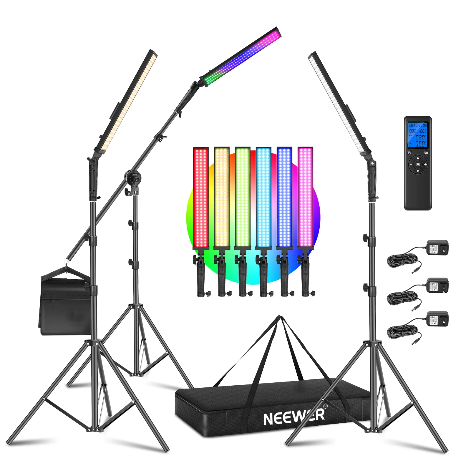 

Neewer 3-Pack RGB LED Light Stick Kit, 21W Dimmable 3200K~5600K Bi-Color Handheld Light With 2.4G Remote/Stand/Bag For YouTube