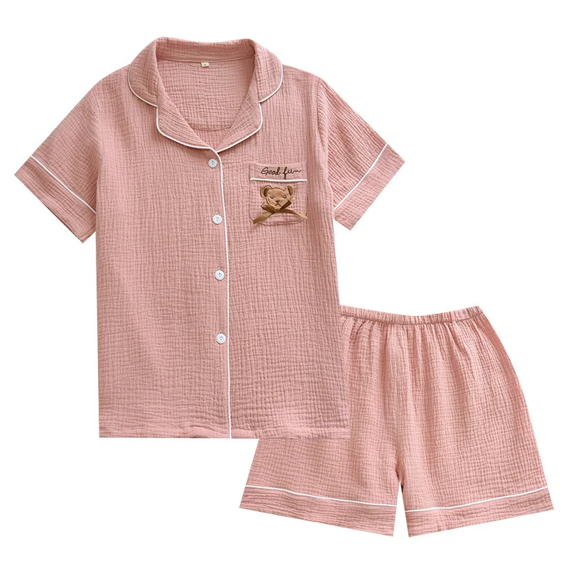 Pink Short-sleeve Women's Pajamas Set Cotton Crepe Women Clothing Sets Summer Plus Size Home Suit Pocket Cartoon Traje Conjuntos 
Pink Short-sleeve Women's Pajamas Set Cotton Crepe Women Clothing Sets Summer Plus Size Home Suit Pocket Cartoon Traje Conjuntos