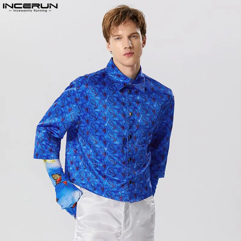 

INCERUN 2023 Men's Shirt Printing Lapel 3/4 Sleeve Loose Button Streetwear Male Crop Tops Fashion Casual Camisa Masculina S-5XL