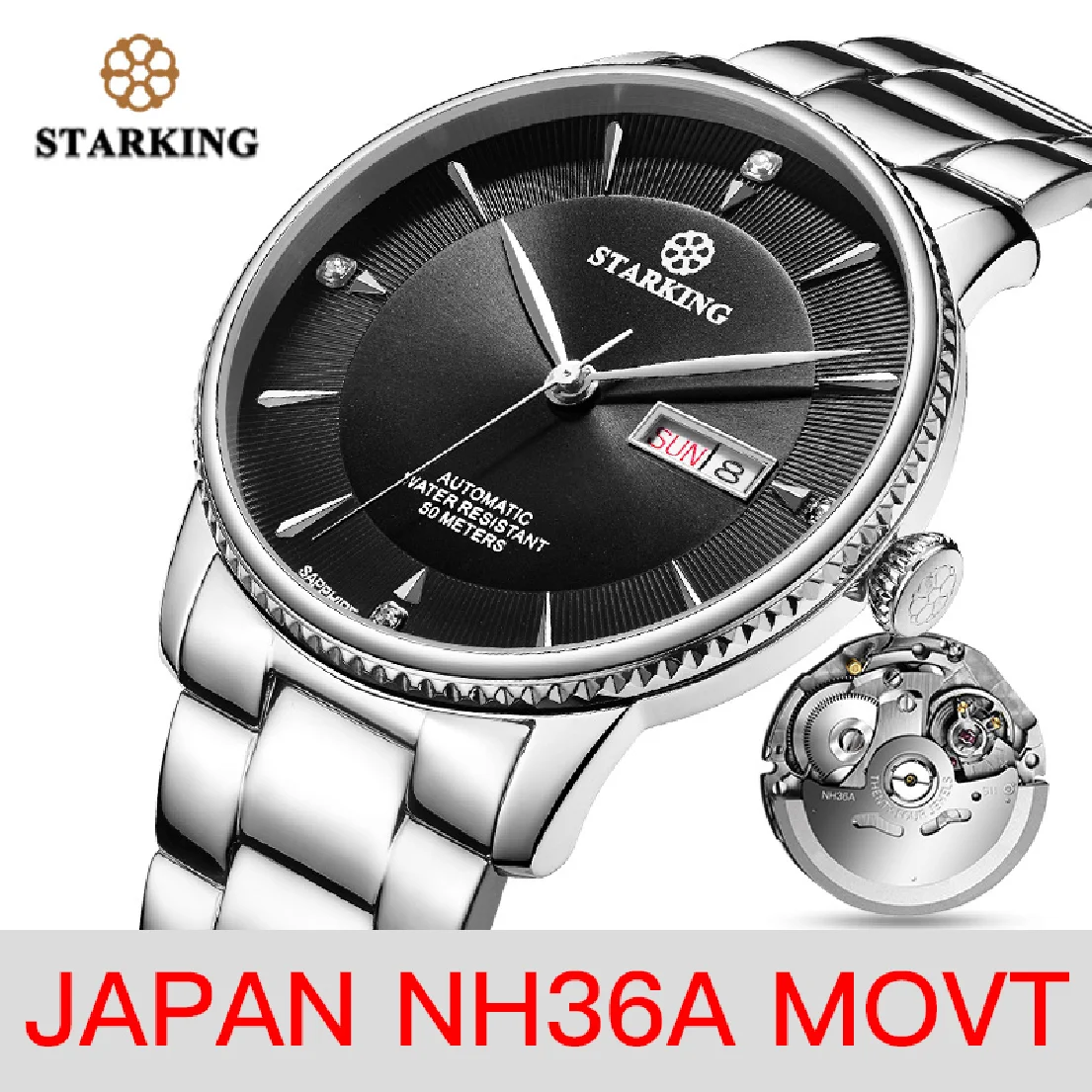

STARKING Watch Men Stainless Steel Japan NH36 Movt Wrist Watch Dress Male Clock Sapphire 50m Waterproof Relogio Masculino AM0270