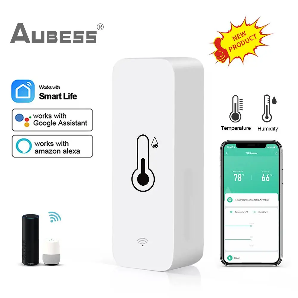 

AUBESS Tuya Wifi Smart Temperature And Humidity Sensor APP Remote Realtime Monitor Works with Smart Life Alexa Google Assistant