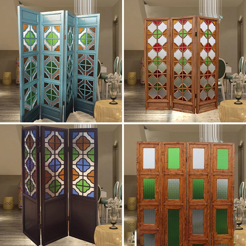 

Chinese antique colored embossed glass Manchu window solid wood lattice doors and windows partition screen sliding door