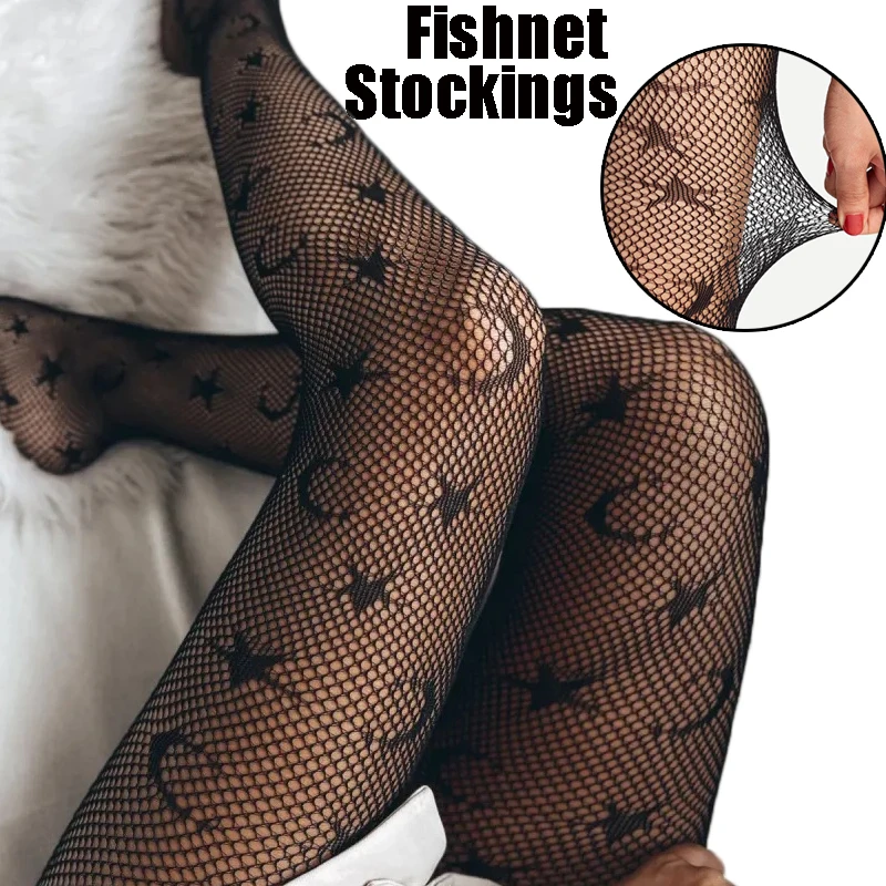 

Spring Summer Star Moon Print Charm Fishnet Stockings Lady Pantyhose Stocking Sexy Black Silk Socks Nightclub Girls Silk Tights