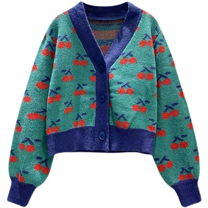 2023 Spring Autumn Cherry Print Knit Cardigan Women Slim Short Sweater Coat V-Neck Long Sleeve Single Breasted Female Knitwear
2023 Spring Autumn Cherry Print Knit Cardigan Women Slim Short Sweater Coat V-Neck Long Sleeve Single Breasted Female Knitwear