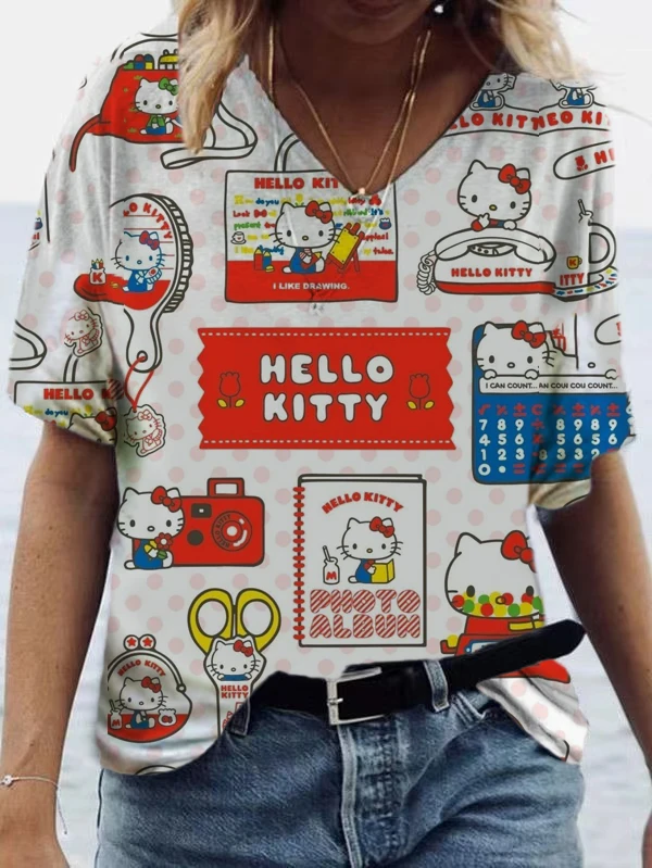 Fashion casual long-sleeved women's loose T-shirt 2023 summer women's Hello Kitty print pullover V-neck top elegant T-shirt
Fashion casual long-sleeved women's loose T-shirt 2023 summer women's Hello Kitty print pullover V-neck top elegant T-shirt