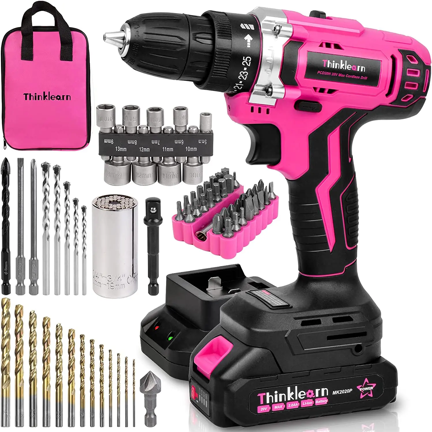 Pink Cordless Drill Set, 20V Lithium-ion Power Drill Set for Women with 67Pcs Drill Driver Bits
Pink Cordless Drill Set, 20V Lithium-ion Power Drill Set for Women with 67Pcs Drill Driver Bits