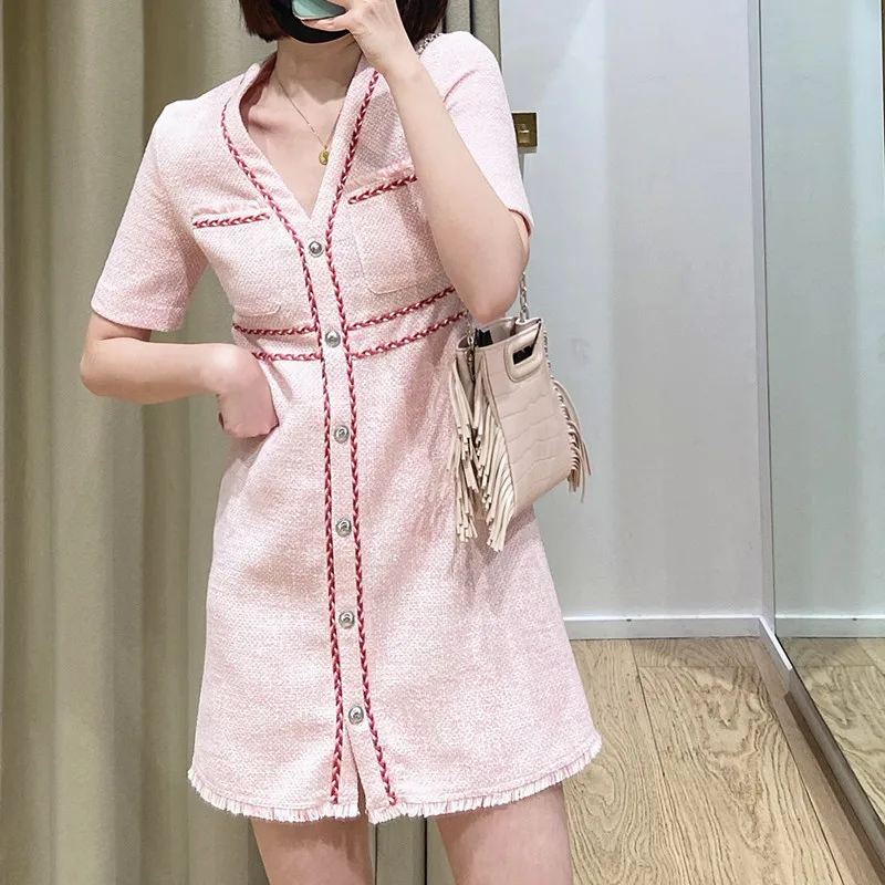Women Contrast Color Stripes Trim Mini Dress Pink Sweet Tweed V-Neck Short Sleeve Ladies Single-Breasted Short Robe with Pockets
Women Contrast Color Stripes Trim Mini Dress Pink Sweet Tweed V-Neck Short Sleeve Ladies Single-Breasted Short Robe with Pockets