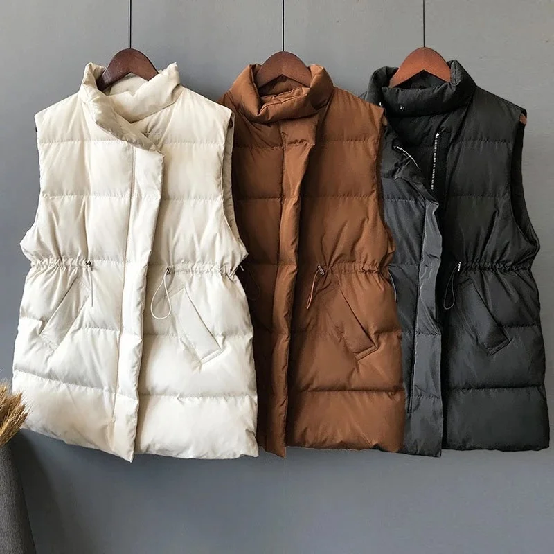 

2022 Fashion Winter Vest Warm Long Sleeveless Jacket Vests Korean Stand Collar Belt Puffer Cotton Waistcoat Gilet Female Outwear