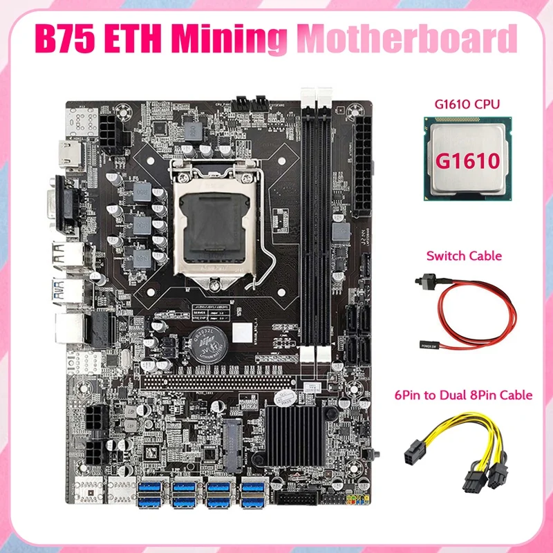 Материнская плата B75 ETH для майнинга 8xpcie на USB + G1610 CPU + 6Pin на двойной 8Pin кабель + коммутационный кабель LGA1155 B75 материнская плата для майнинга
Материнская плата B75 ETH для майнинга 8xpcie на USB + G1610 CPU + 6Pin на двойной 8Pin кабель + коммутационный кабель LGA1155 B75 материнская плата для майнинга