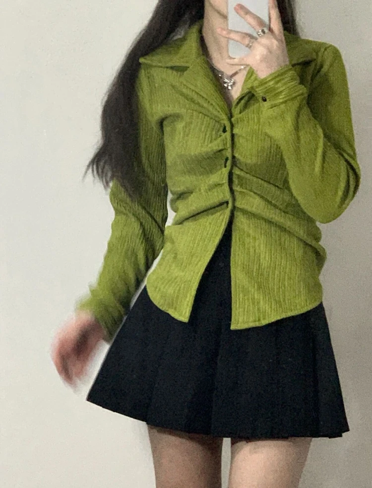 Vintage Green Turn-Down Collar Ruched Shirts Women Spring New Slim Fit Long Sleeve Blusas Mujer Moda Textured Shirts Blouses
Vintage Green Turn-Down Collar Ruched Shirts Women Spring New Slim Fit Long Sleeve Blusas Mujer Moda Textured Shirts Blouses