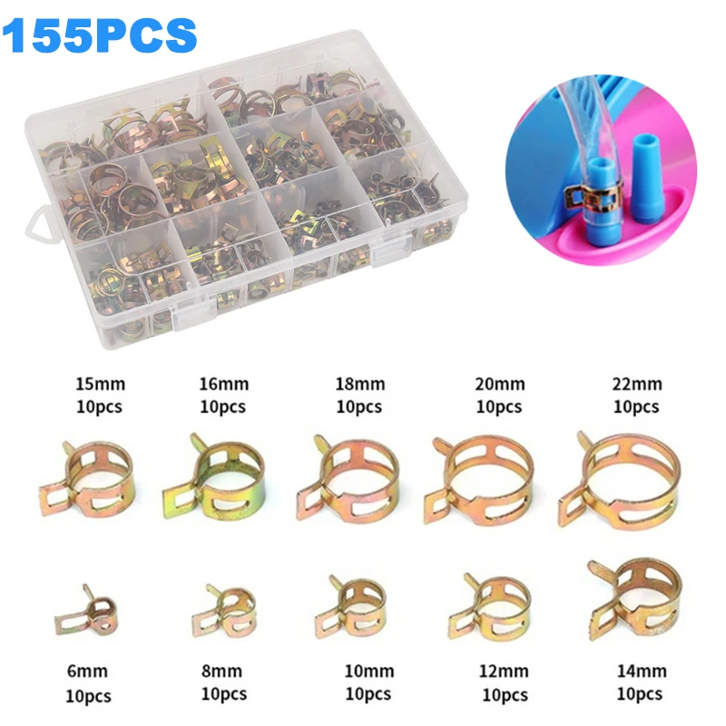 

155PCS 6-22mm Double Ear Car Clips Clamps Truck Spring Fuel Oil Water Hose Clip Pipe Tube Clamp Fastener Metal Assortment Kit
