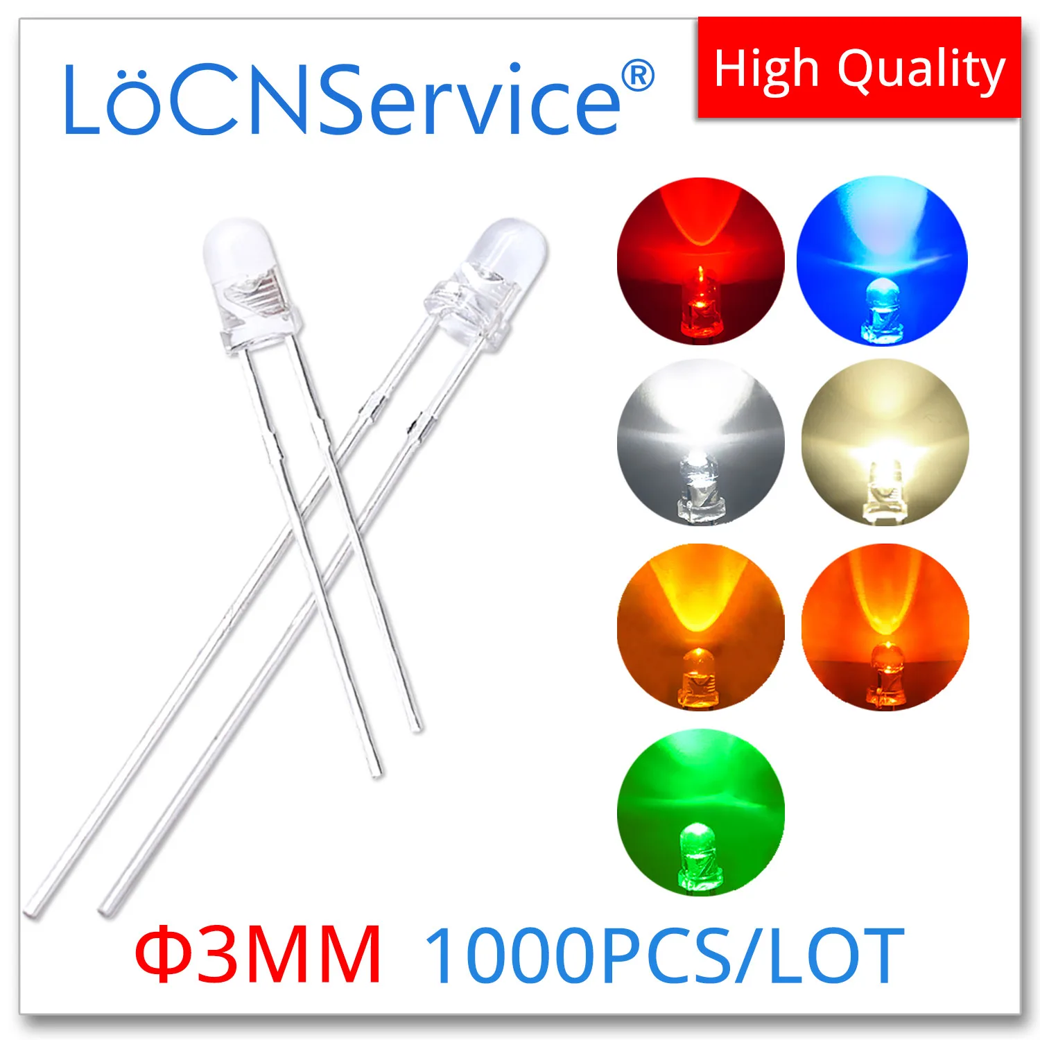 

LoCNService 1000PCS 3mm F3 Red Blue Warm White Green Yellow Orange DIP LED Transparent High quality bead light emitting diodes