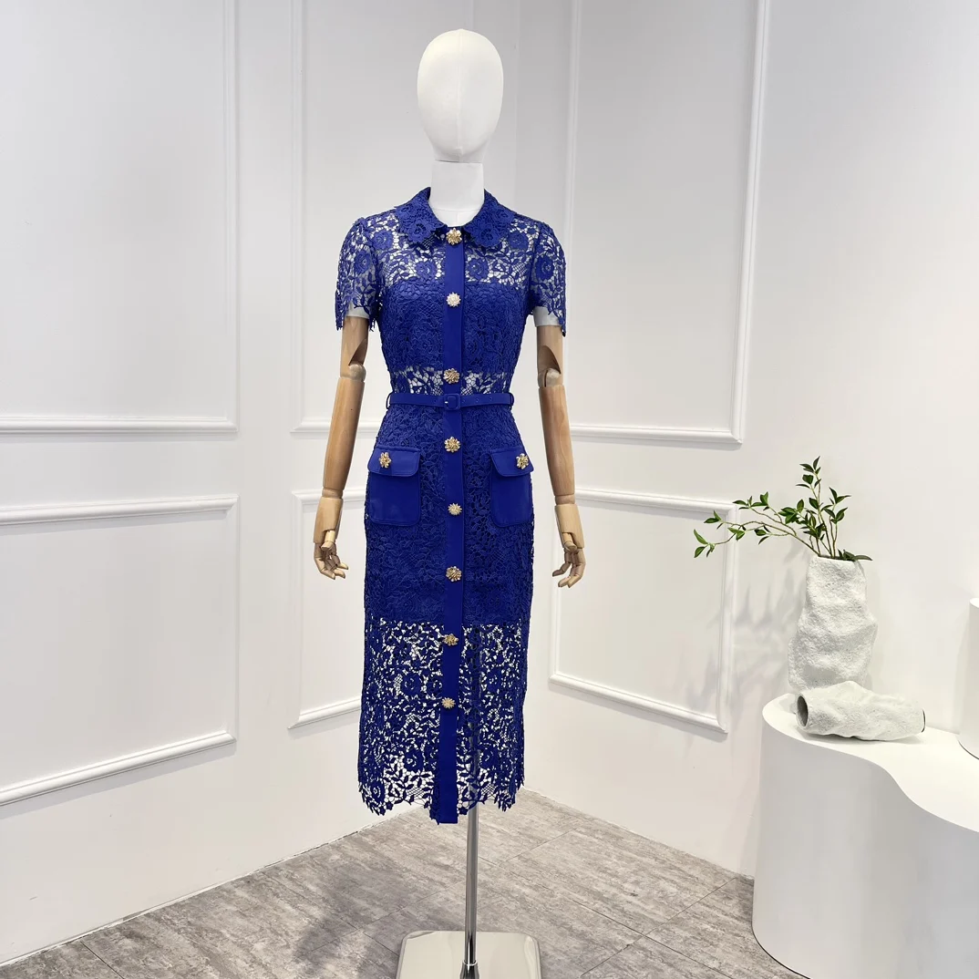 

Женское винтажное платье миди, однотонное синее кружевное платье на пуговицах с коротким рукавом и цветочным узором, одежда для женщин Лето 2023