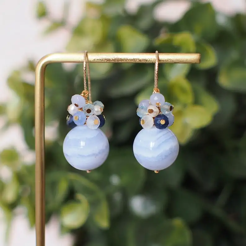 

Blue Lace Agate Earrings // Blue Stones x Pearls Cluster// 14K Gold-filled // Lovely & Feminine