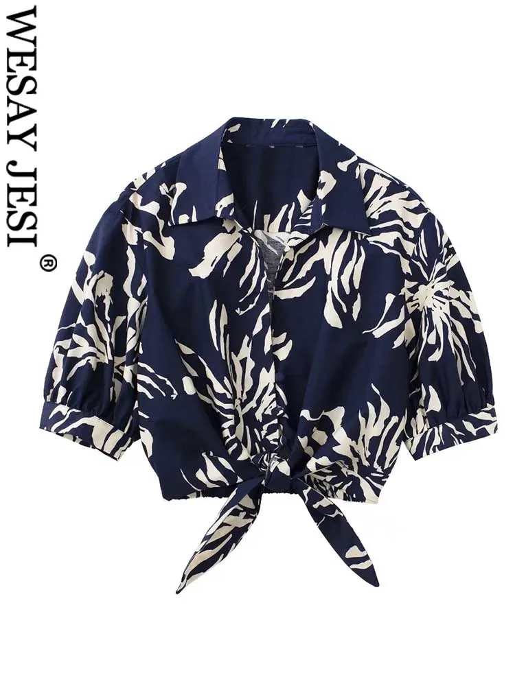 WESAY JESI Fashion Women Short Sleeve Shirt Top Print Navy Blue Cropped Navel Hem Lace Up Bow Temperament Commuting Summer Wear
WESAY JESI Fashion Women Short Sleeve Shirt Top Print Navy Blue Cropped Navel Hem Lace Up Bow Temperament Commuting Summer Wear