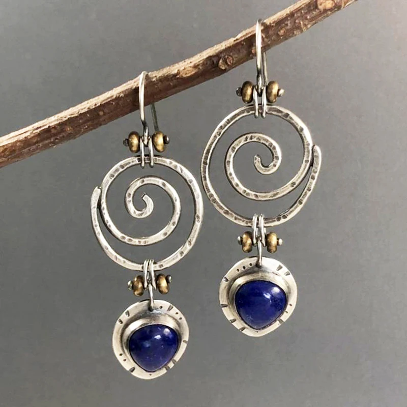 Vintage Round Hollow Spiral Blue Stone Dangle Earring for Women Tribal Jewelry Metal Silver Color Whirl Ethnic Boho Earrings
Vintage Round Hollow Spiral Blue Stone Dangle Earring for Women Tribal Jewelry Metal Silver Color Whirl Ethnic Boho Earrings