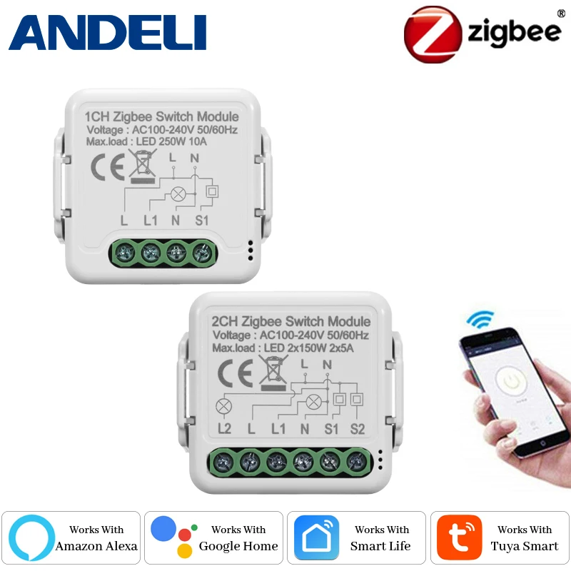 

ANDELI Smart Light Switch Module 1/2/3/4Gang Supports Zigbee 3.0 and 2 Way Control, App Remote Control DIY Breaker 100-240V