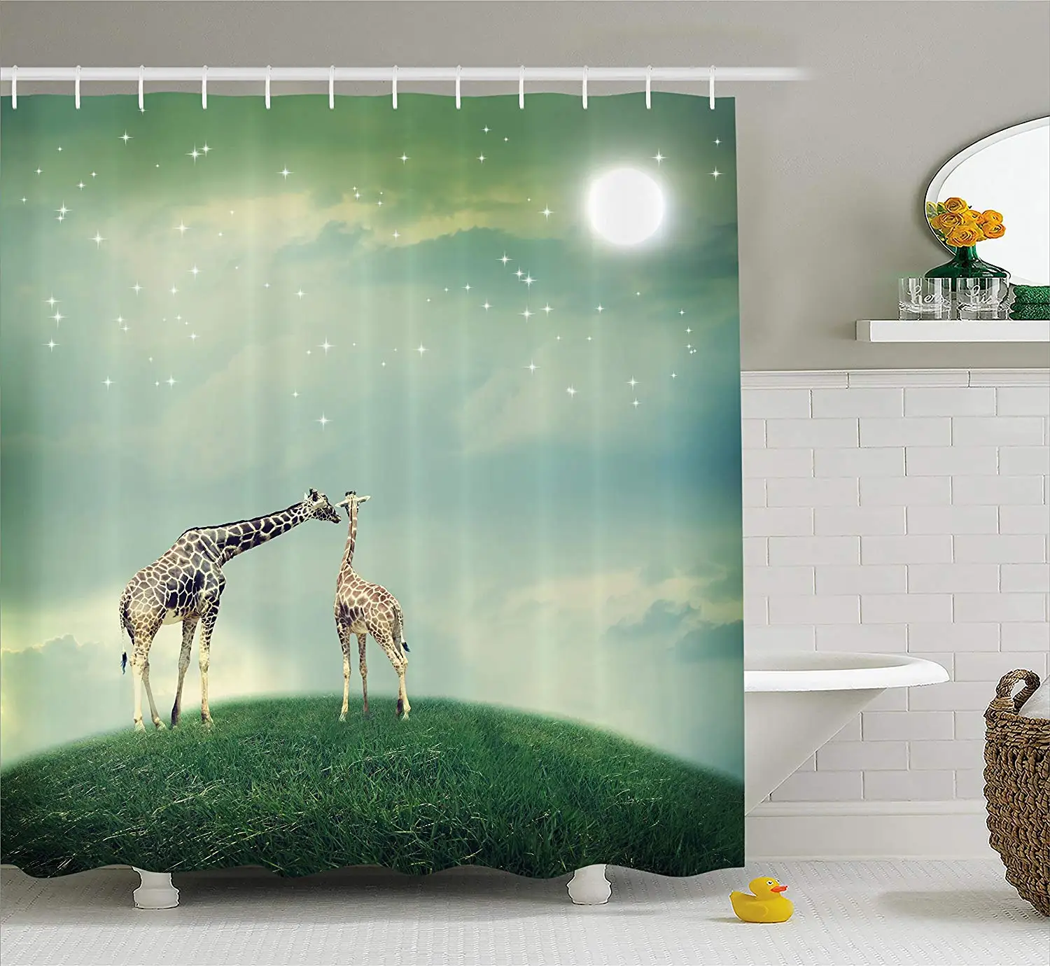 Занавеска для душа с изображением жирафа, матери, ребенка, животных на лугу, Сказочная атмосфера, сияющие звезды, романтика, луна, ткань, декор для ванной комнаты
Занавеска для душа с изображением жирафа, матери, ребенка, животных на лугу, Сказочная атмосфера, сияющие звезды, романтика, луна, ткань, декор для ванной комнаты