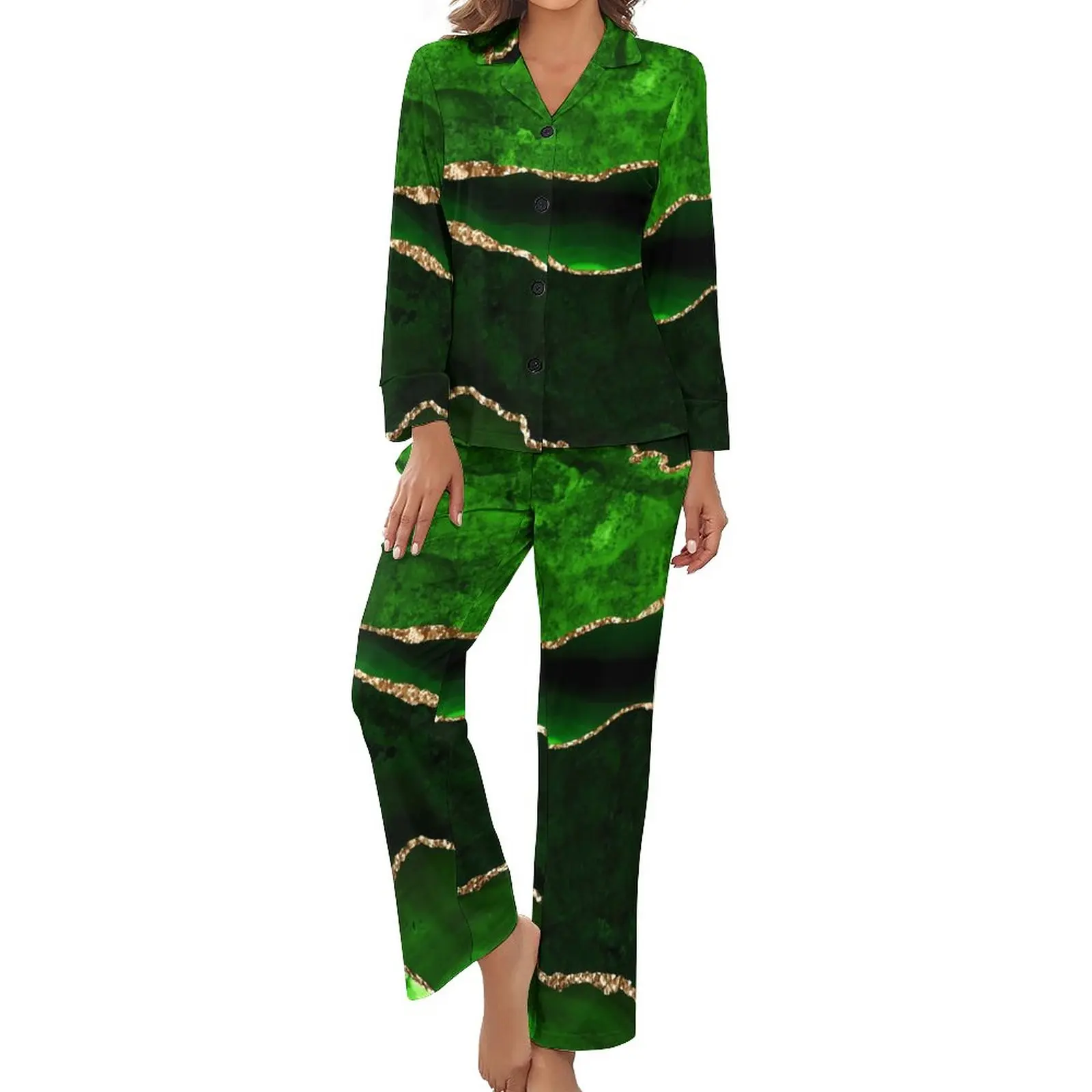 

Marble Print Pajamas Green and Gold Long Sleeves Retro Pajama Sets Two Piece Sleep Daily Custom Sleepwear Birthday Present
